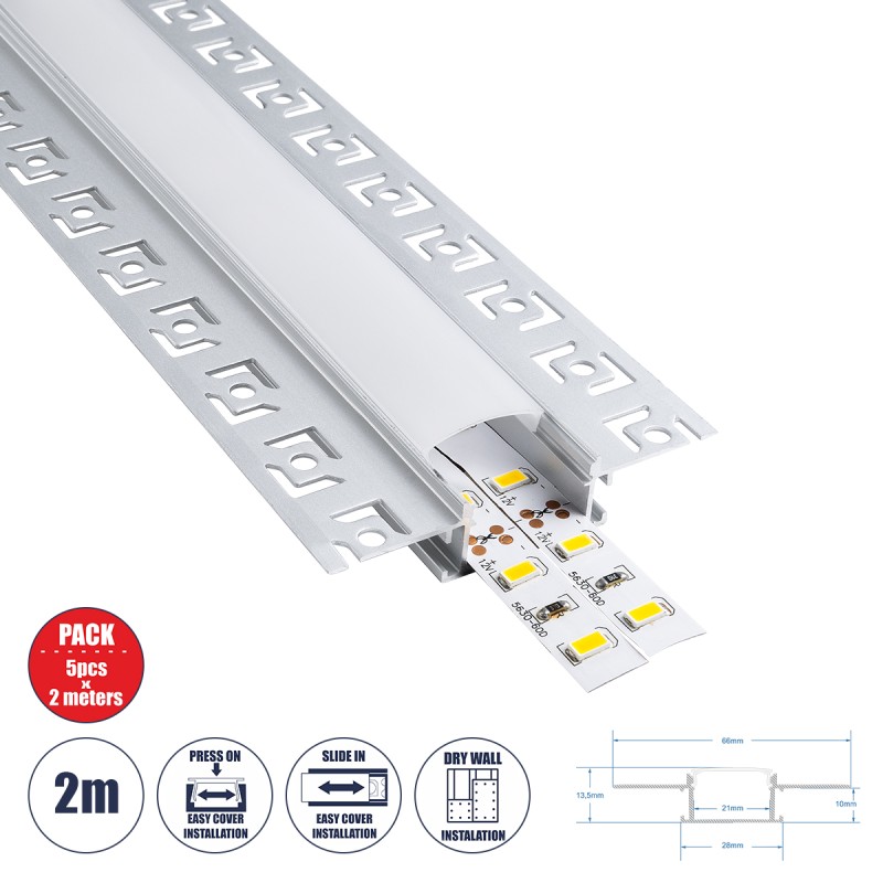 GLOBOSTAR® ALP-PLASTERIN GYPSO 70819-2M Χωνευτό Προφίλ Αλουμινίου Ειδικό για Γυψοσανίδα με Λευκό Γαλακτερό Πατητό Κάλυμμα για Τα