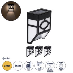 GloboStar® 85707 ΣΕΤ 4 Τεμαχίων Αυτόνομα Ηλιακά Φωτιστικά Τοίχου Μαύρα-Λευκά LED SMD 1W 100lm με Ενσωματωμένη Μπαταρία 600mAh - 