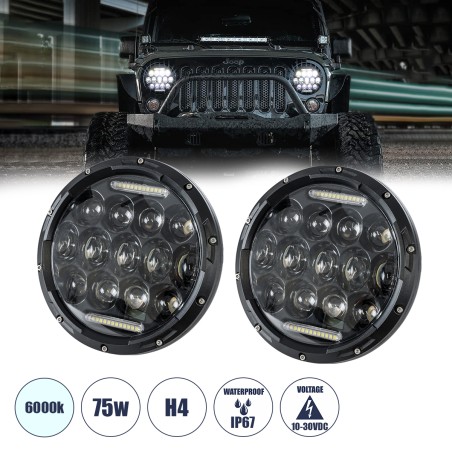 GloboStar® 85417 Σετ 2 x Φανάρια JEEP WRANGLER 7'' Ιντσών Βασικού Φωτισμού H/L με Ring Light DRL LED CREE CXB COB 75W 12000lm DC