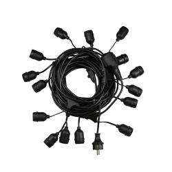 GLOBOSTAR® GARLAND 78984 Καλωδιογιρλάντα 15m με Ντουί 15 x E27 & Πρίζα Schuko AC 220-240V IP65 - Μαύρο - Μ1500 x Π92 x Υ16cm
