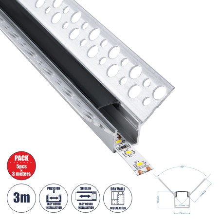 GLOBOSTAR® ALP-PLASTERIN GYPSO 70837-3M Χωνευτό Προφίλ Αλουμινίου Ειδικό για Εσωτερική Γωνία Γυψοσανίδας με Μαύρο Φιμέ Πατητό Κά