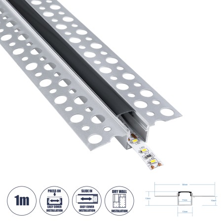 GLOBOSTAR® ALP-PLASTERIN GYPSO 70839-1M Χωνευτό Προφίλ Αλουμινίου Ειδικό για Γυψοσανίδα με Μαύρο Φιμέ Πατητό Κάλυμμα για Ταινίες