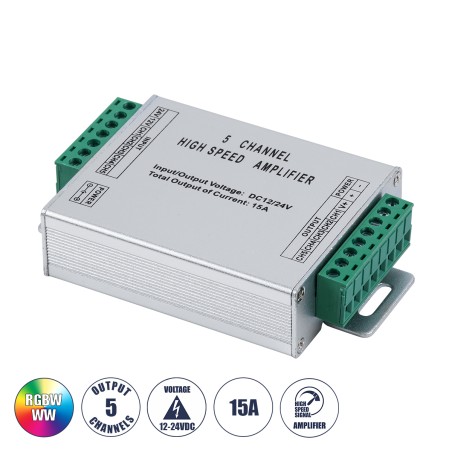GloboStar® 73395 High Speed LED Amplifier 5 Channels - Ενισχυτής Σήματος Υψηλών Ταχυτήτων LED 5 Καναλιών DC 12-24V RGBW+WW Max 3