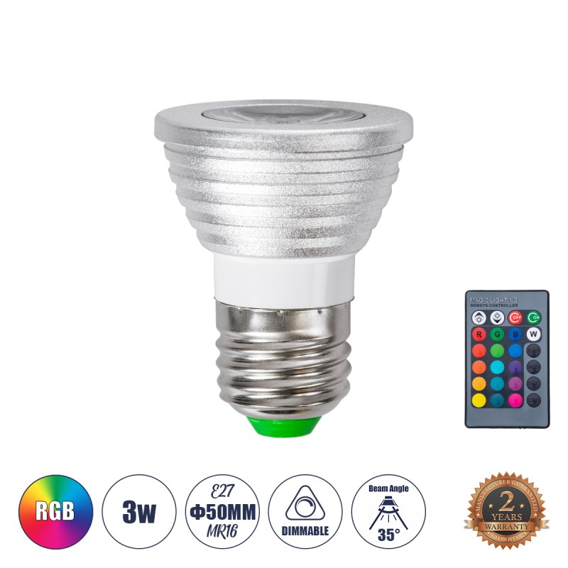GloboStar® 76066 Σποτ LED E27 MR16 3W 200lm 35° AC 220-240V IP20 Φ5 x Υ8.5cm - Εναλλαγή Φωτισμού μέσω Τηλεχειριστηρίου RGB - Dim