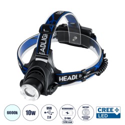 GloboStar® 79055 Φακός Κεφαλής Επαναφορτιζόμενος LED CREE XML2-T6 Chip 10 Watt 800lm με 2 x 18650 Μπαταρίες 5200mAh - Ψυχρό Λευκ