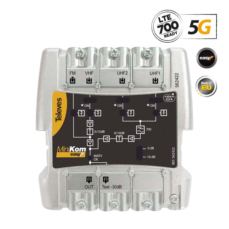 562422 MiniKom Βroadband Αmplifier Easy-F 5G LTE 116dBuV FM/V/2xU